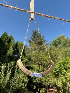 Gold-Tone Curved Bar Necklace with Blue Stone Accent